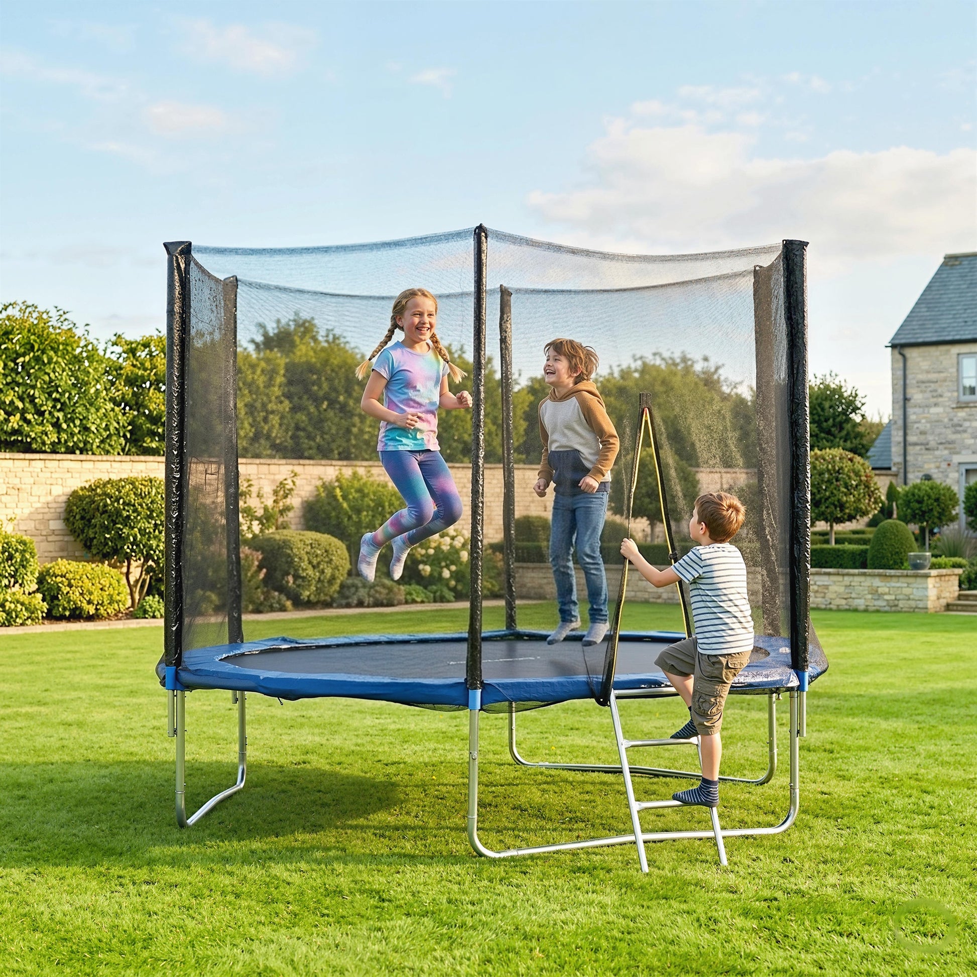 Sportnow Cama Elástica De Exterior Ø305x250 Cm Con Red De Seguridad Azul_3