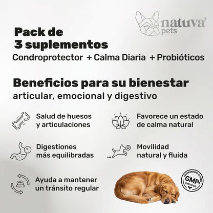 Pack Condroprotector + Calmante + Probiótico Para Perros. Suplementos Mascotas. 360 Masticables. Natuva Pets_1
