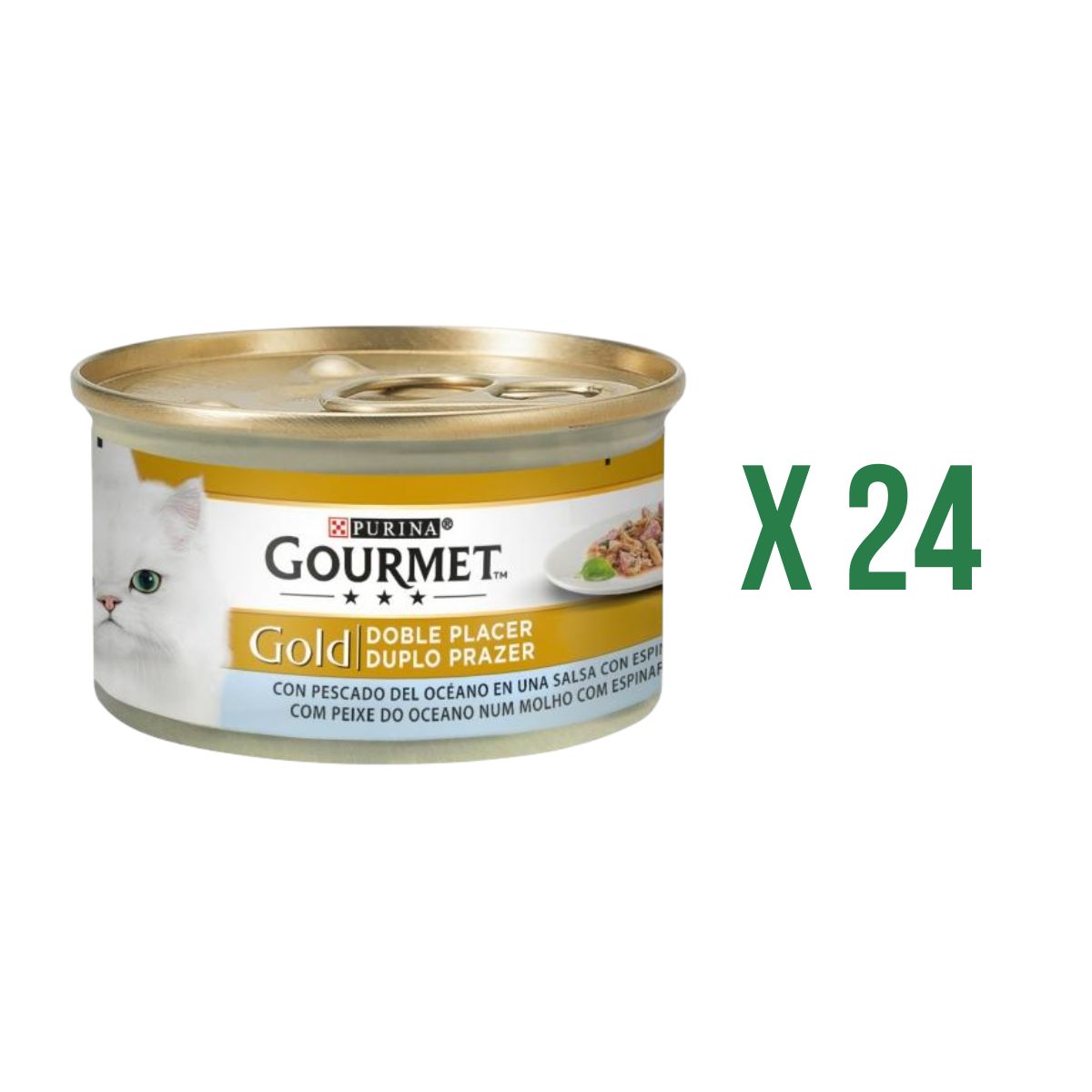 Embalagem de 24 x GOURMET GOLD Double Pleasure Ocean Fish &amp; Spinach Húmida 85g