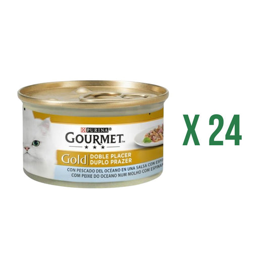 Embalagem de 24 x GOURMET GOLD Double Pleasure Ocean Fish &amp; Spinach Húmida 85g