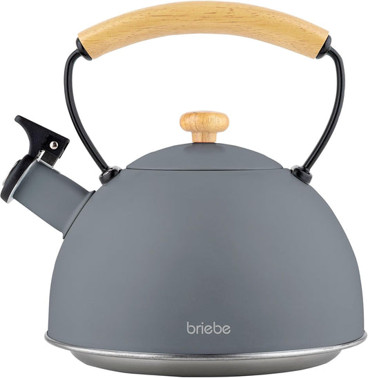 Briebe Tetera Con Silbato, Hervidor De Agua 2,3l, Inducción, Acero Inox, Vintage, Mango Madera, Nordic, Gris_0