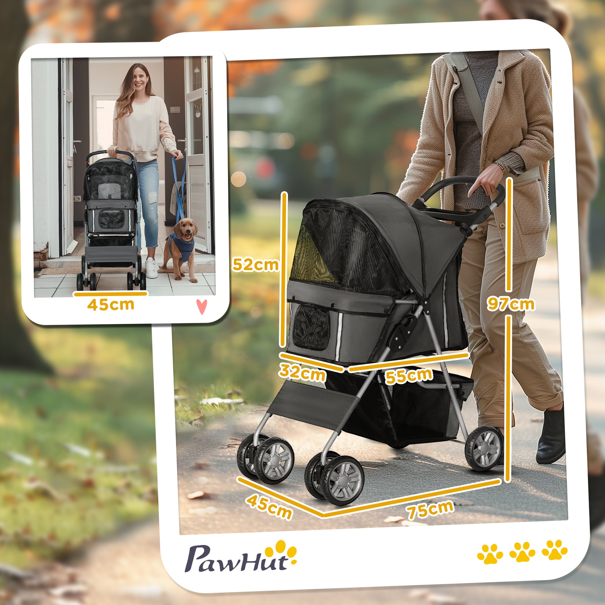 Pawhut Carrito Para Perros Plegable Con Toldo Ajustable 75x45x97 Cm Gris_2
