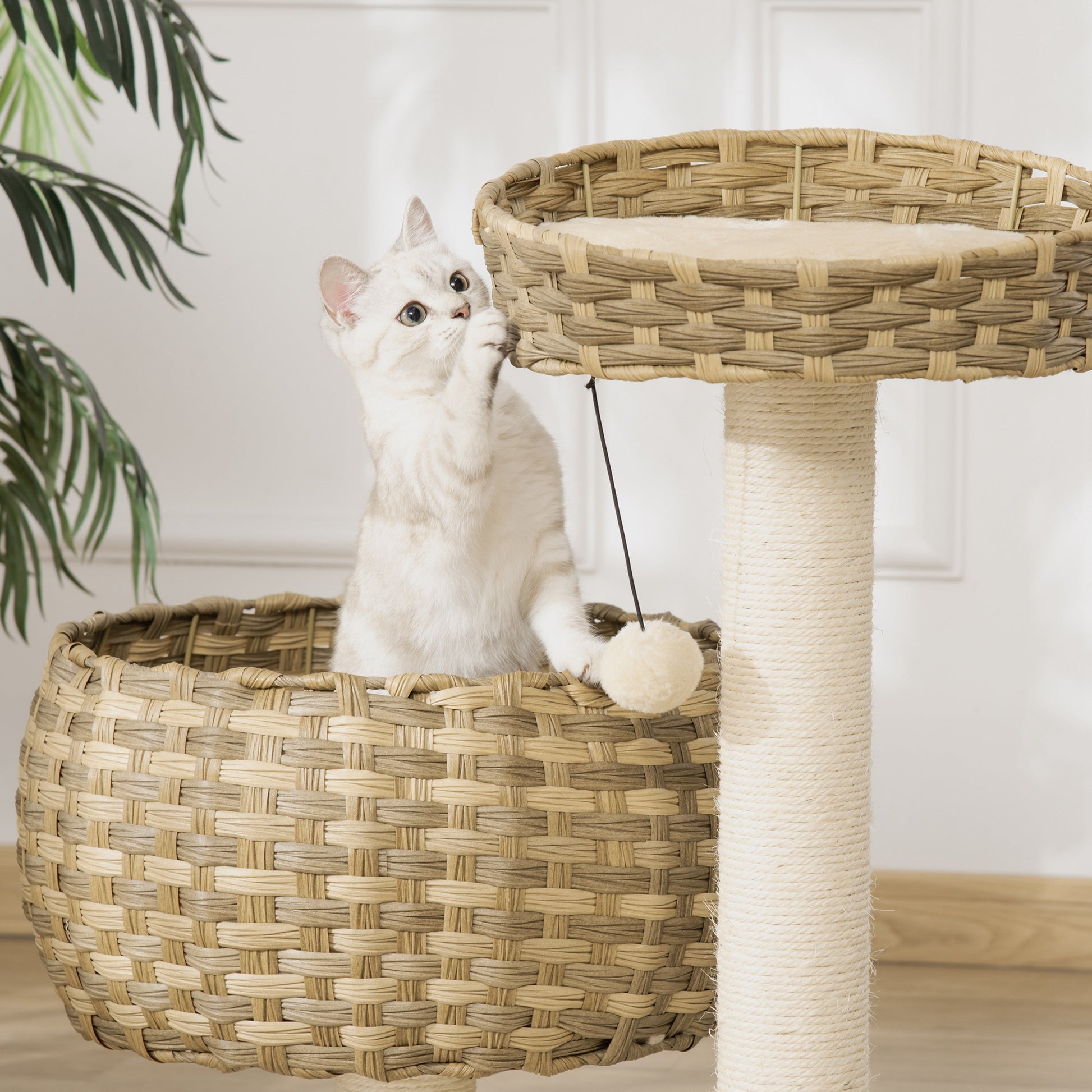Pawhut Árbol Gatos Con Cama Cesta De Mimbre Postes Rascadores Sisal 54x40x70 Cm_3