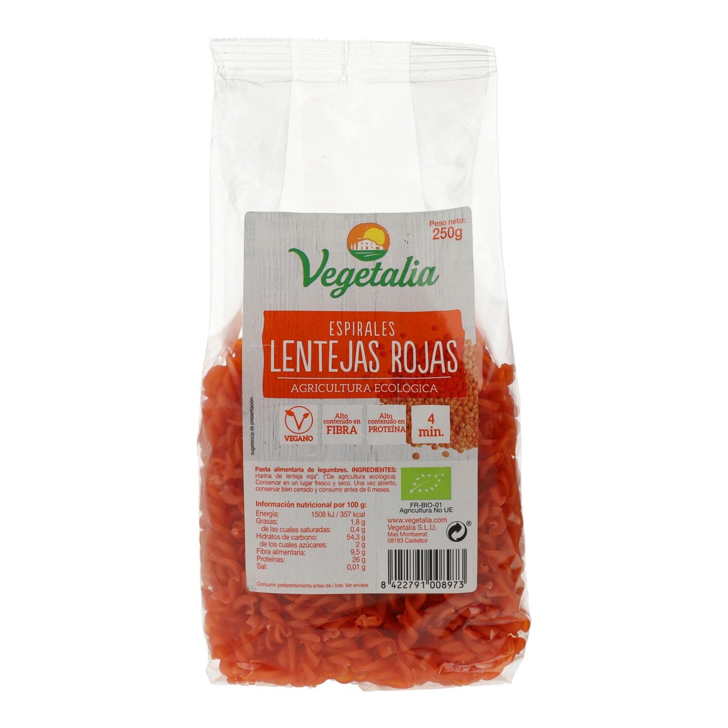 Espirais de lentilhas vermelhas biológicas sem glúten 250 g