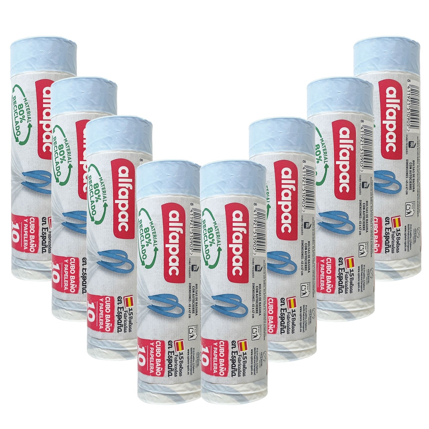 80% Reciclado 8 Rollos De 15 Bolsas De Basura  10l Con Autocierre