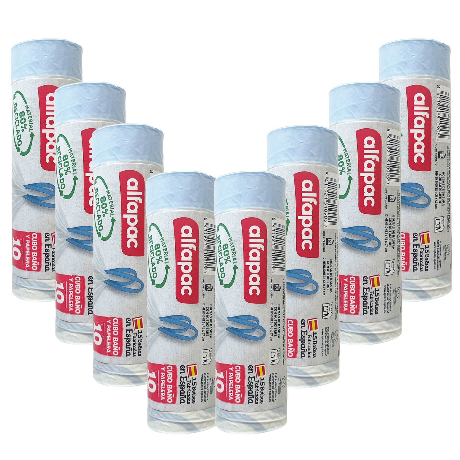 80% Reciclado 8 Rollos De 15 Bolsas De Basura  10l Con Autocierre