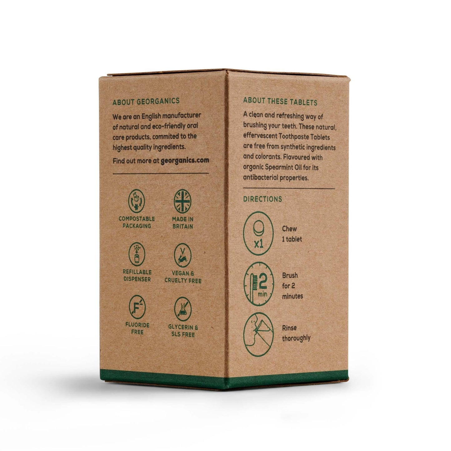 Comprimidos de pasta de dentes com sabor a hortelã-pimenta natural da Georganics