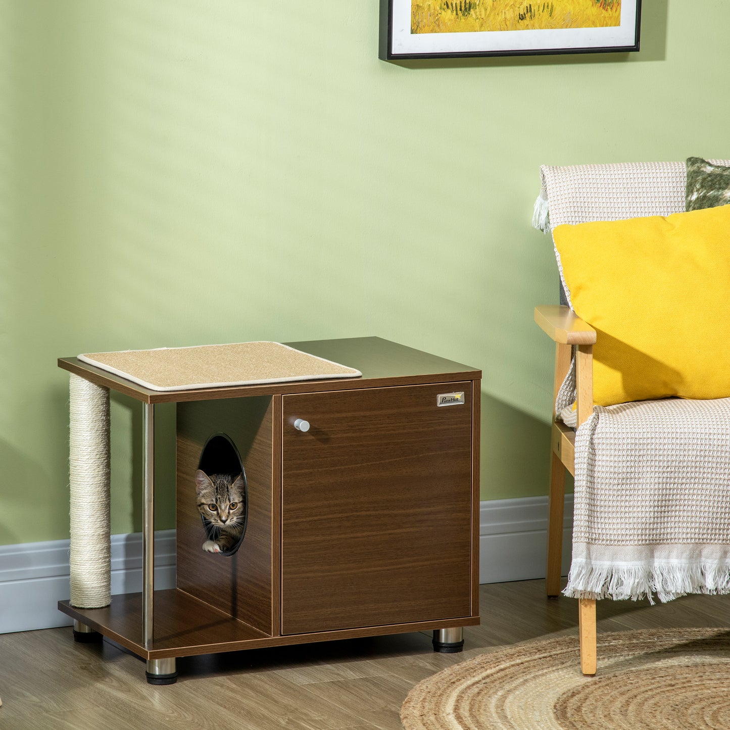 Pawhut Mueble Arenero Para Gatos Mesa Auxiliar Con Cojín Alfombras 60x40x48 Cm_1
