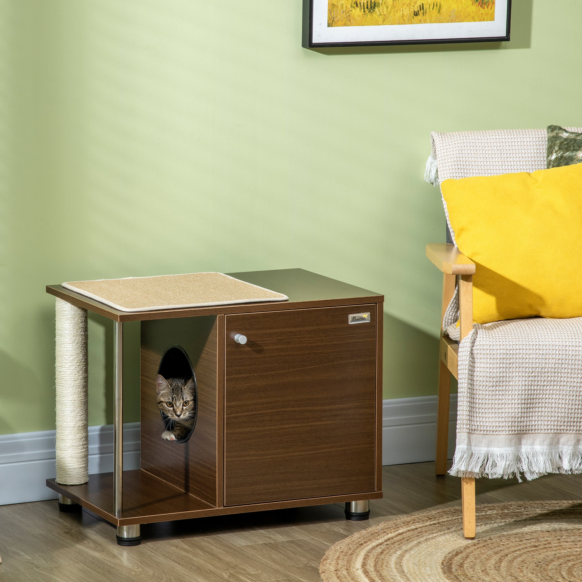 Pawhut Mueble Arenero Para Gatos Mesa Auxiliar Con Cojín Alfombras 60x40x48 Cm_1