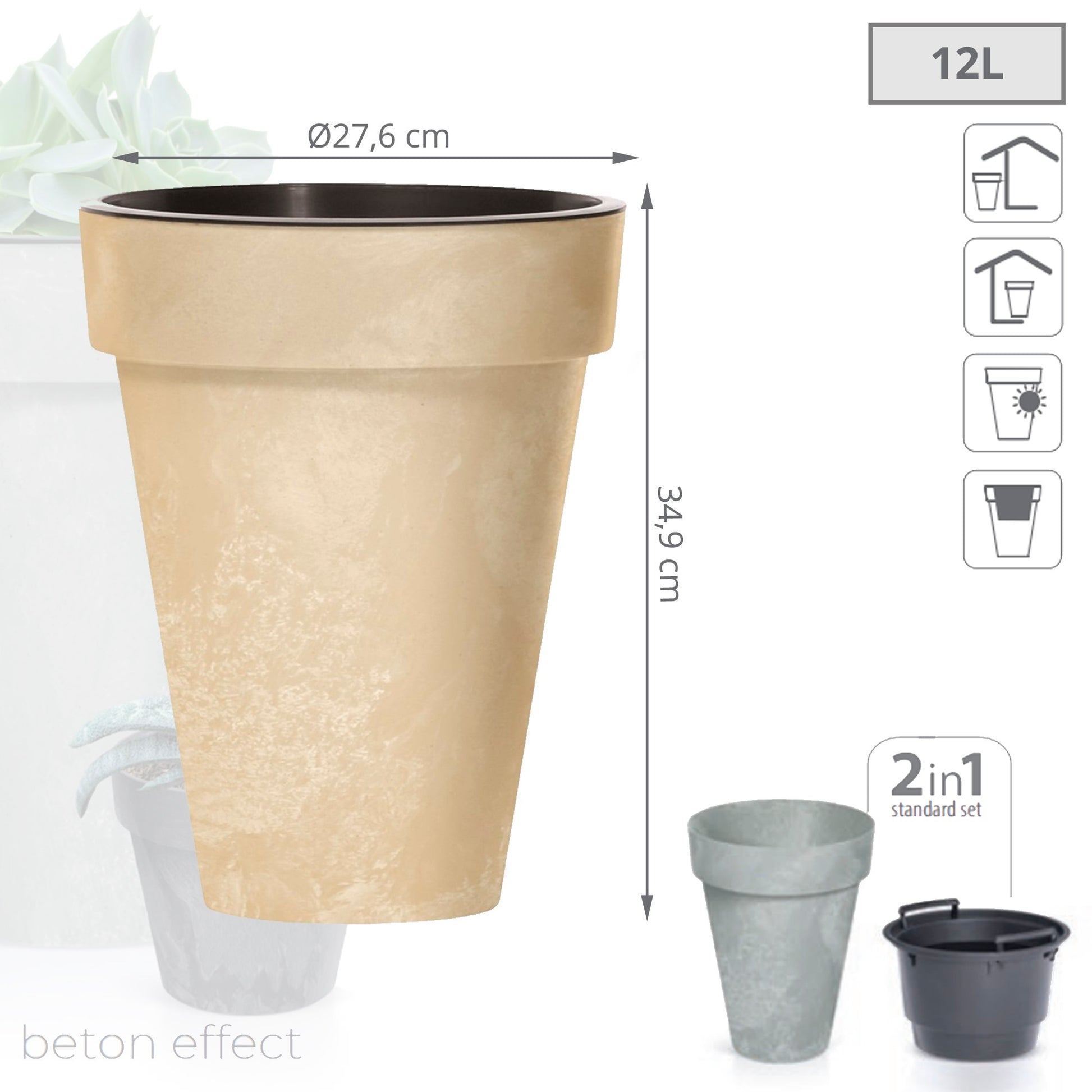 Maceta Cube Slim Beton Effect 12l., Con Depósito, Dimensiones (mm) 276x276x349, Color Crema_2