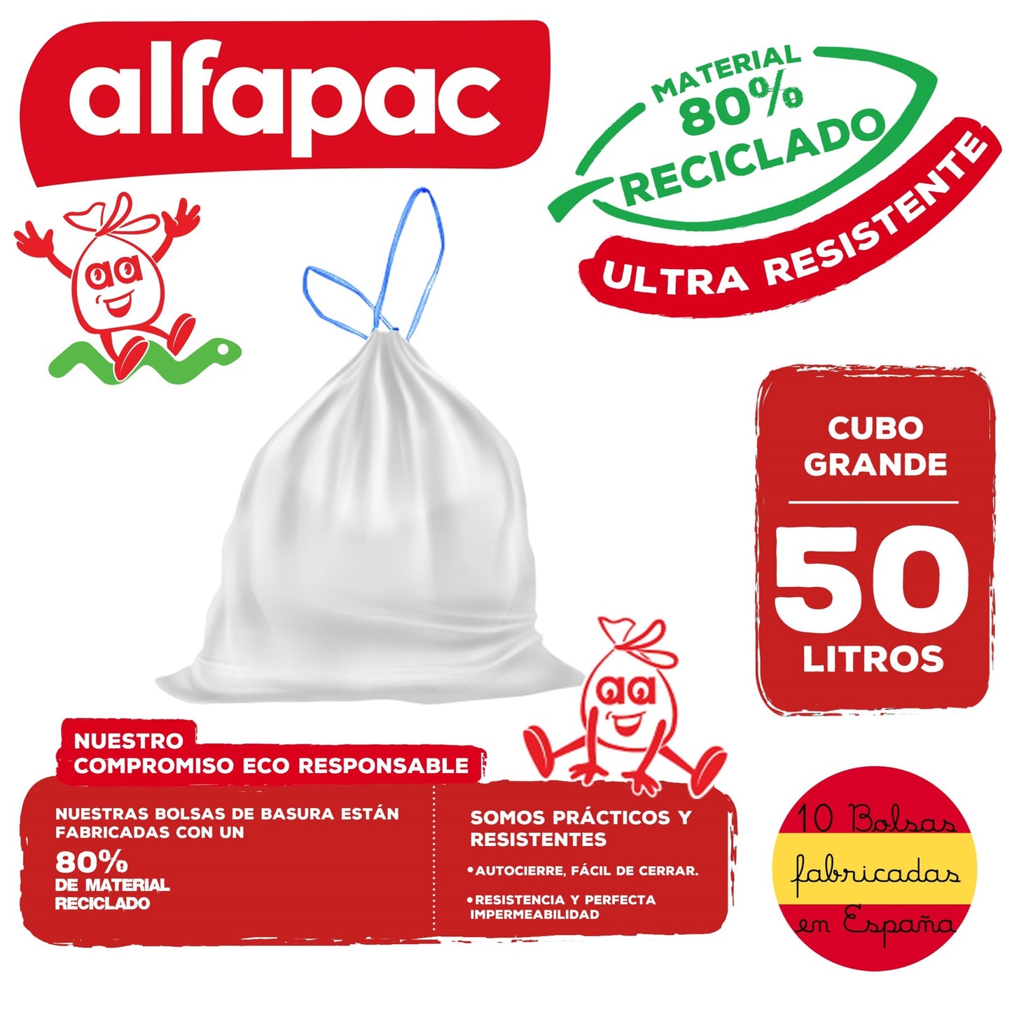 80% Reciclado 4 Rollos De 10 Bolsas De Basura  50l Con Autocierre