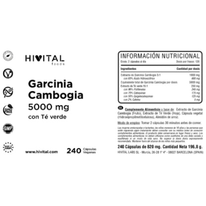 Garcinia cambogia 5000 mg 240 cápsulas vegan Hivital