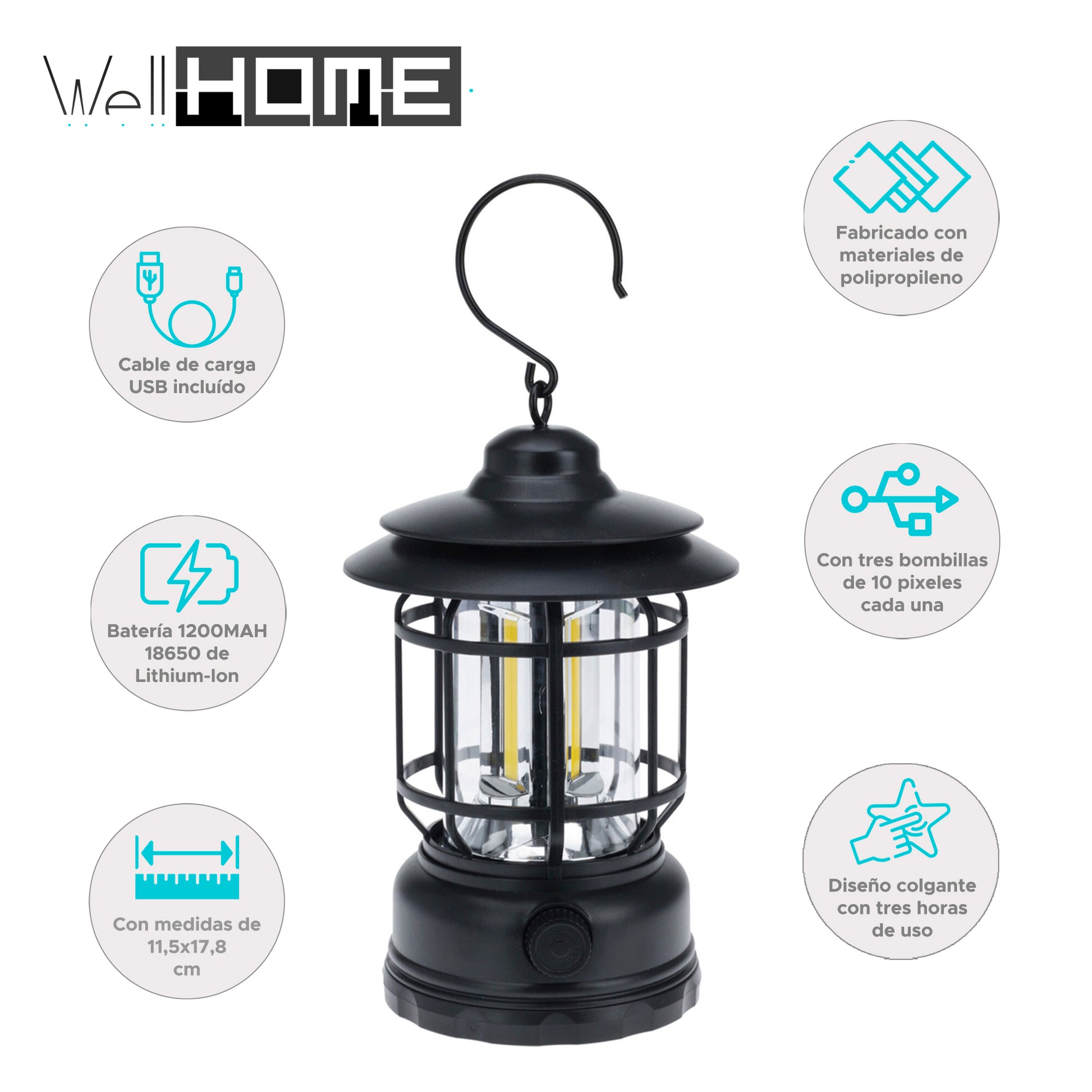 Well Home Luz De Camping Ø11,5x17,8cm Con 3 Bombillas Y Recargable Por Usb Color Negro_1