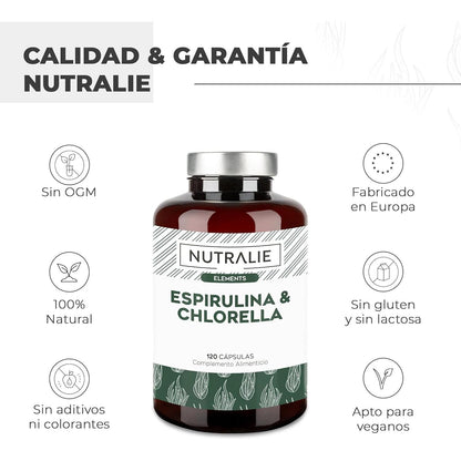 Nutralie Spirulina e Chlorella 1800mg Energia e Força 180 Cápsulas