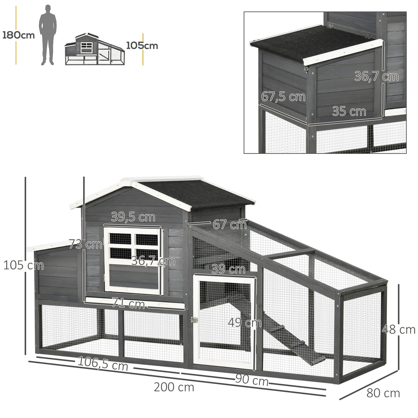 Pawhut Gallinero Madera Exterior Con Corral De Alambre Techos Asfálticos Gris_2