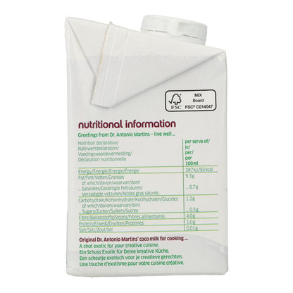 Creme de Leite de Coco Biológico Dr. Antonio Martins para Cozinhar 500 ml