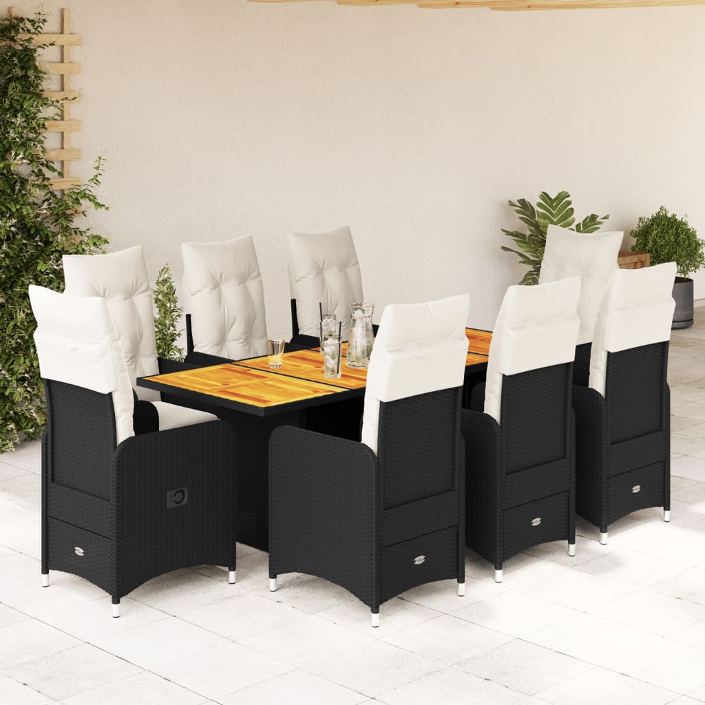 Set De Mesa Y Sillas De Jardín 9 Pzas Y Cojines Ratán Pe Negro / Vetonek_3