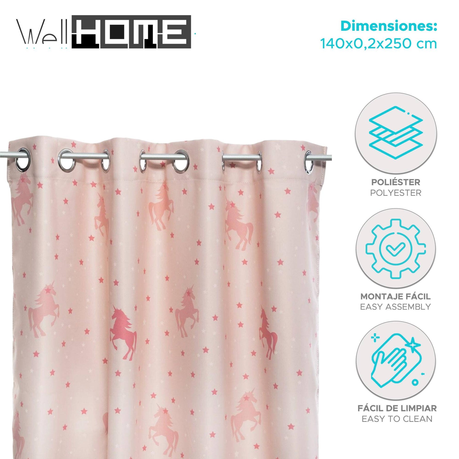Well Home - Cortina Opaca Infantil unicornio Rosa 140x250cm_1