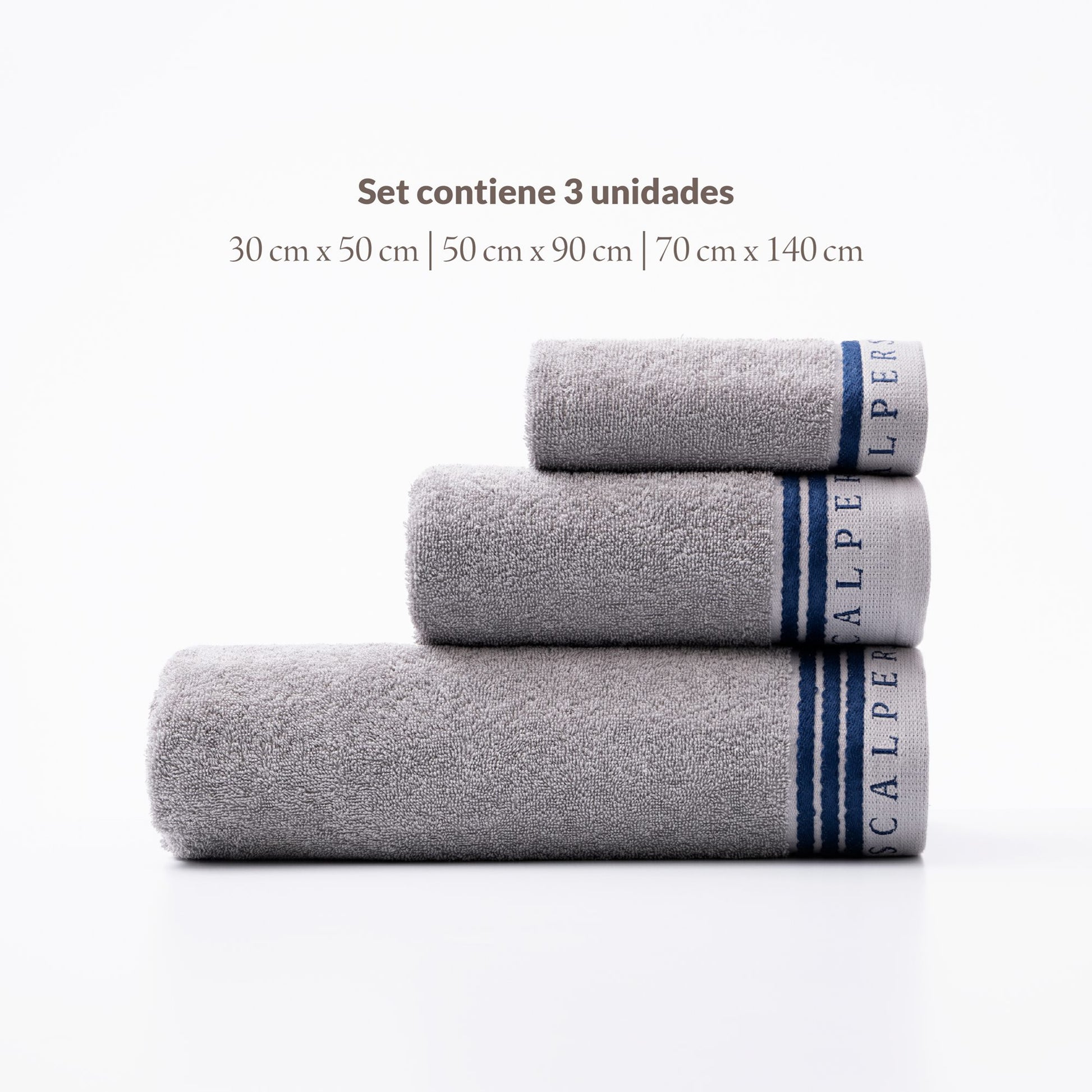 Set Toallas Baño (tocador 30x50cm + Manos 50x90cm + Baño 70x140cm) En Algodón Gris Con Azul Scalpers Home_2