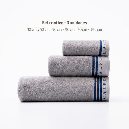 Set Toallas Baño (tocador 30x50cm + Manos 50x90cm + Baño 70x140cm) En Algodón Gris Con Azul Scalpers Home_2