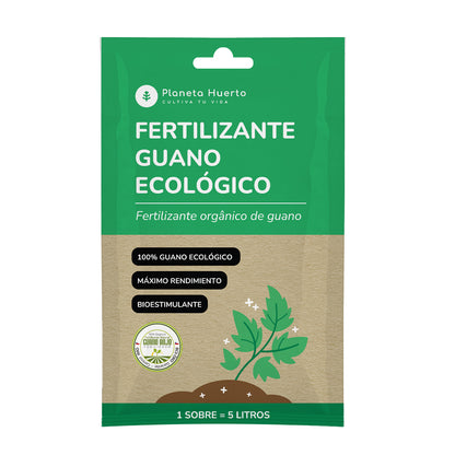 Embalagem com 5 fertilizantes solúveis Guano Eco da Planeta Huerto, para 25 L.