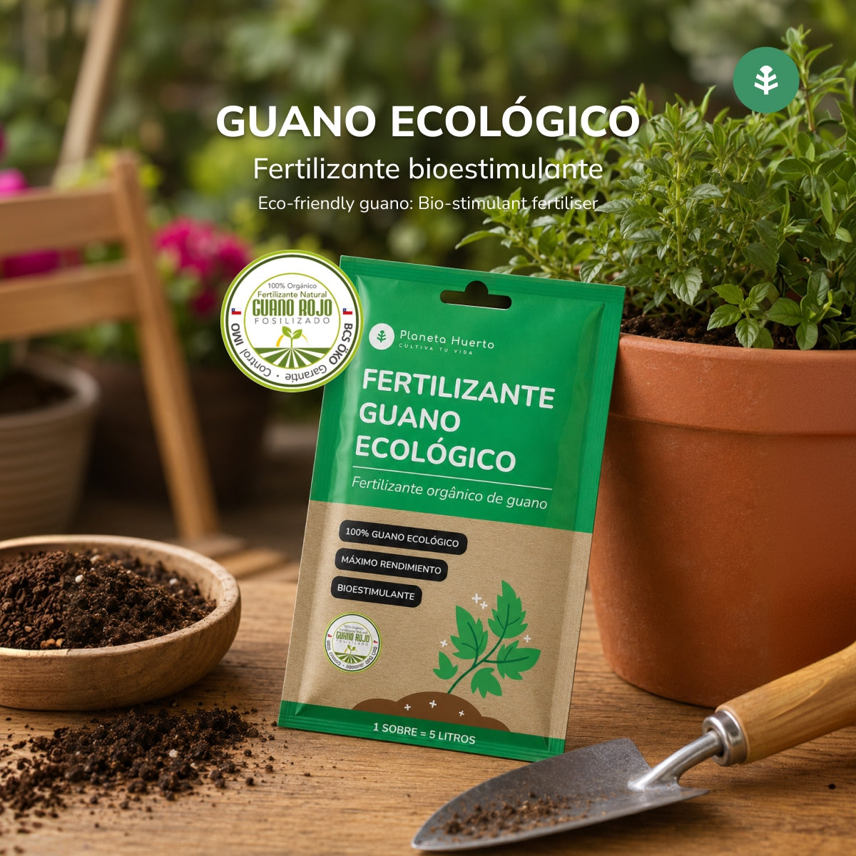 Guano Eco Fertilizante Planeta Huerto Saquetas para 5 L