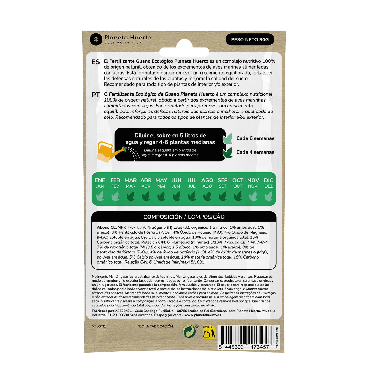Guano Eco Fertilizante Planeta Huerto Saquetas para 5 L