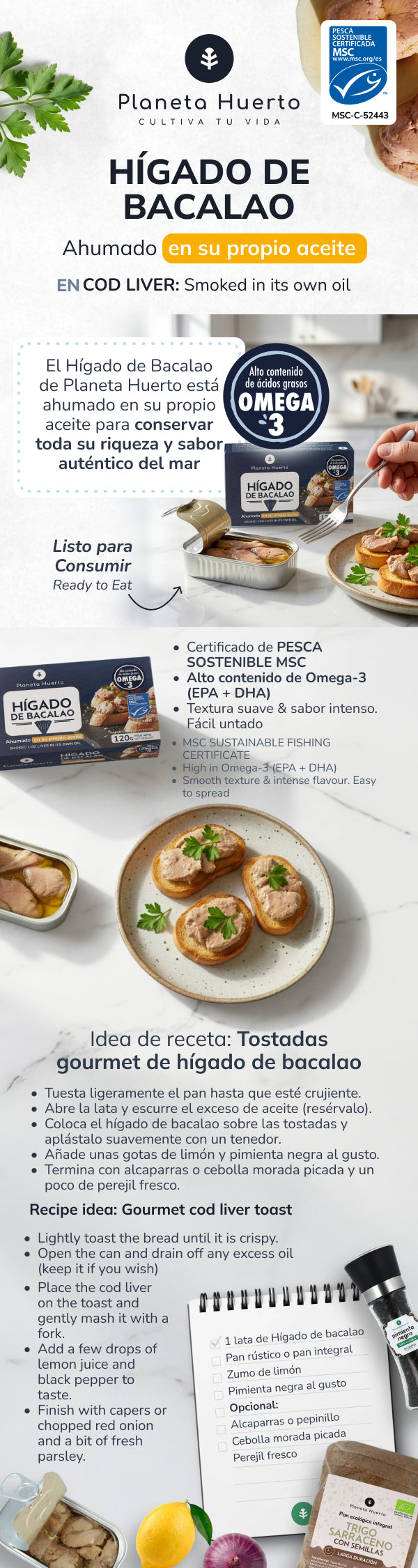 Pack 12x Hígado de bacalao en su propio aceite MSC pesca sostenible Planeta Huerto 120 g