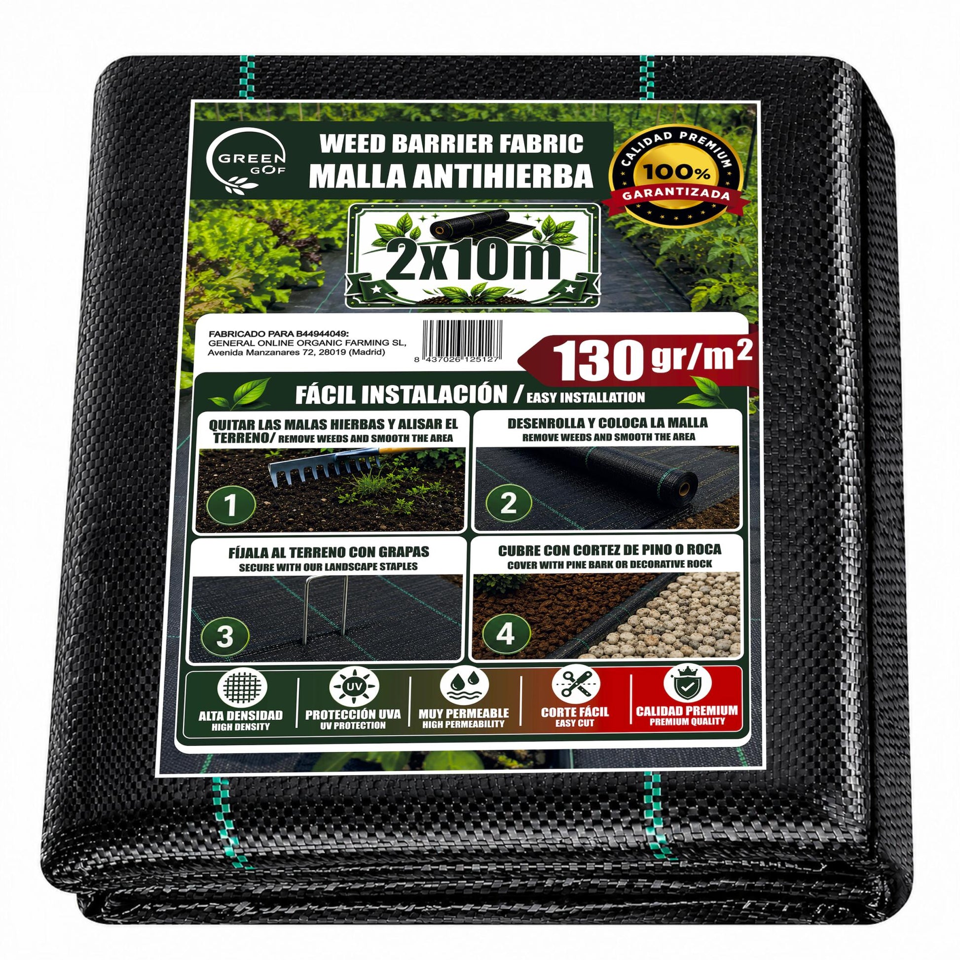 GREEN GOF Malla Antihierbas Premium 2x10m, 130g/m² - Ultra Resistente. Alta Estabilización Uv, Permeable Y Transpirable._0