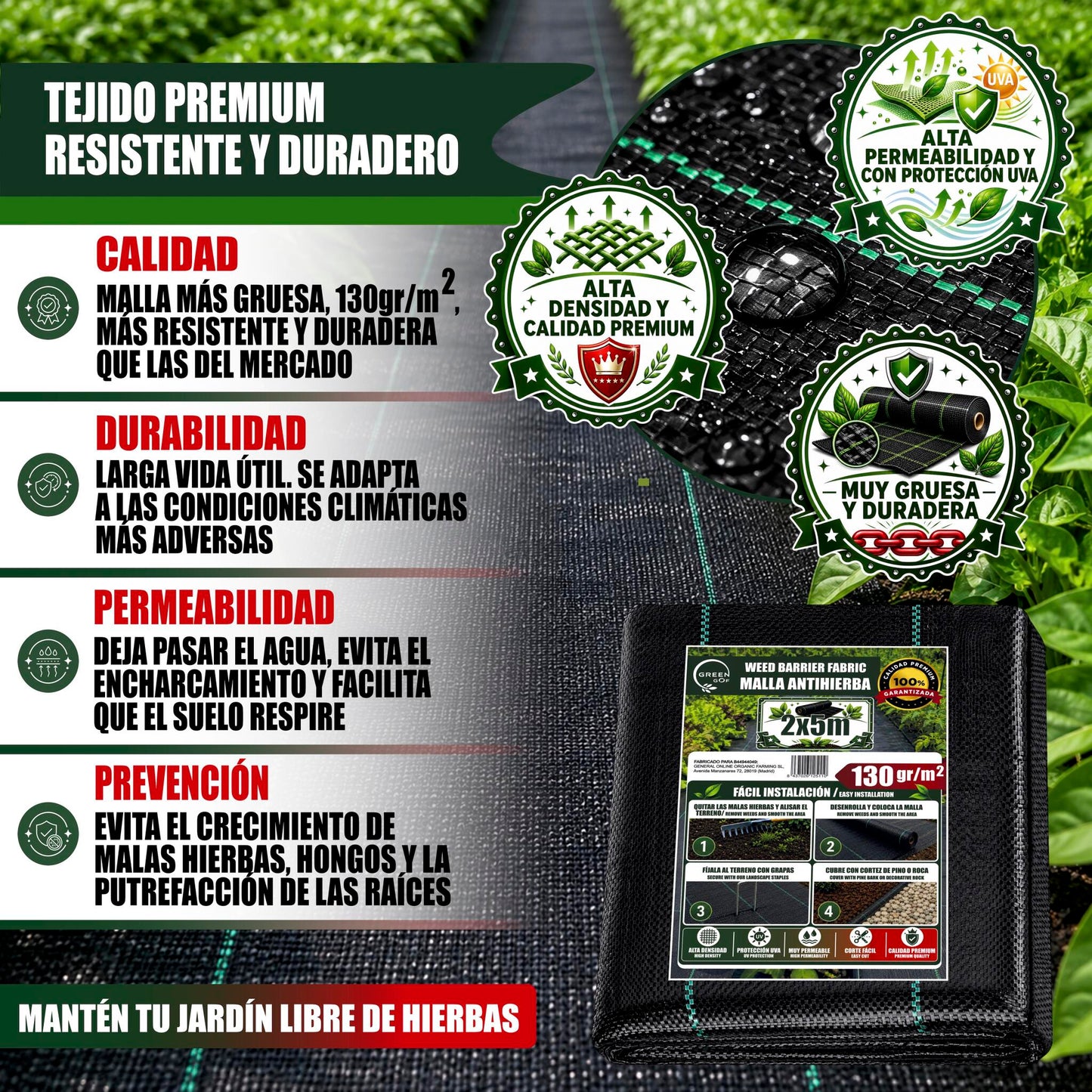 GREEN GOF Malla Antihierbas Premium 2x5m, 130g/m² - Ultra Resistente. Alta Estabilización Uv, Permeable Y Transpirable._1