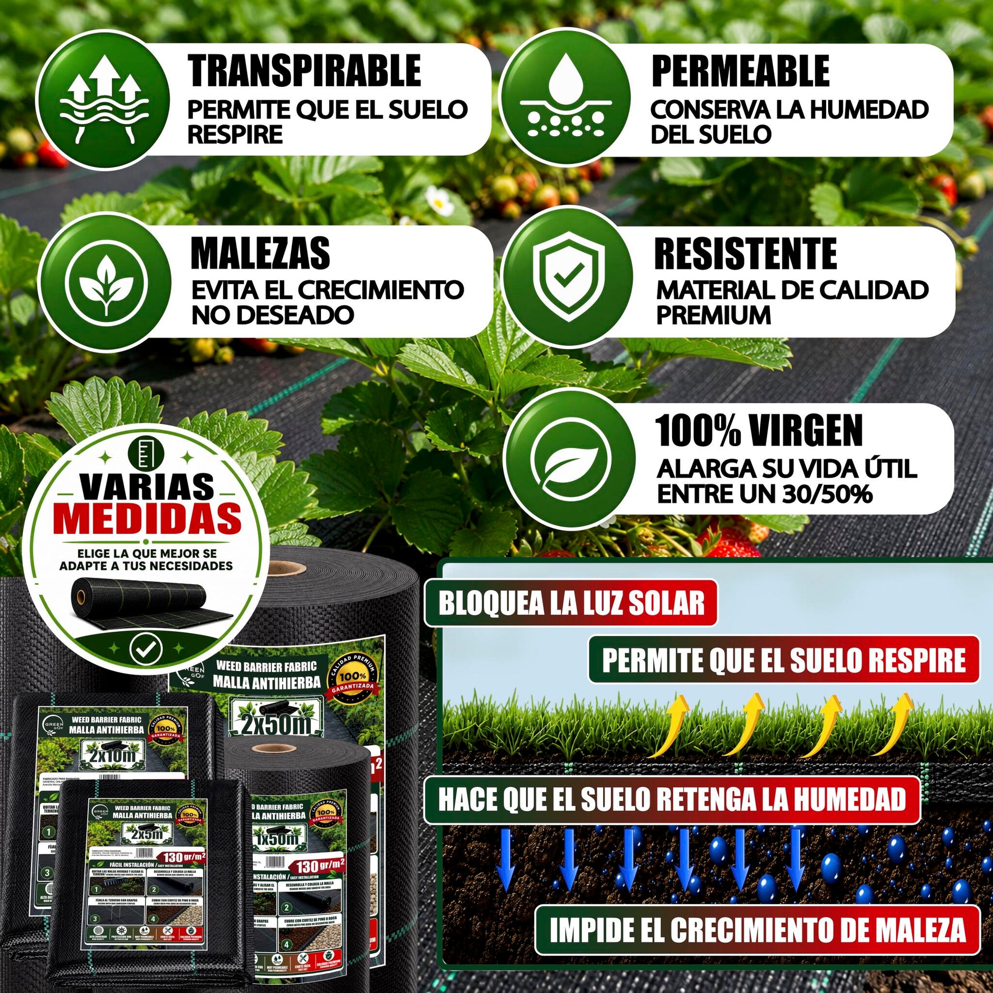 GREEN GOF Malla Antihierbas Premium 2x5m, 130g/m² - Ultra Resistente. Alta Estabilización Uv, Permeable Y Transpirable._2