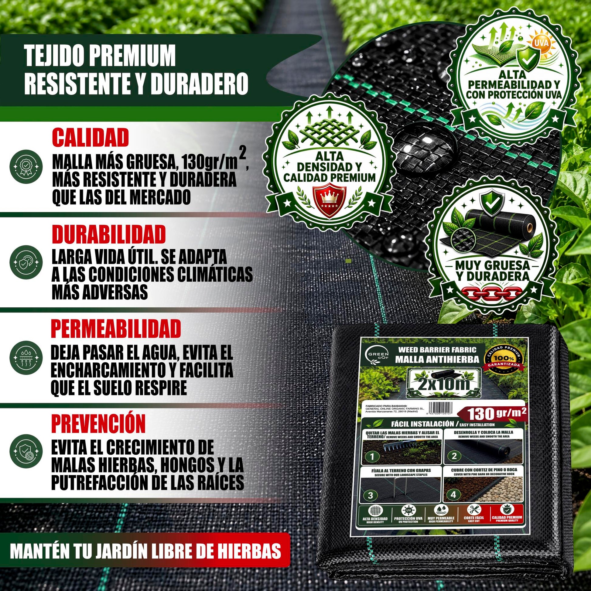 GREEN GOF Malla Antihierbas Premium 2x10m, 130g/m² - Ultra Resistente. Alta Estabilización Uv, Permeable Y Transpirable._1