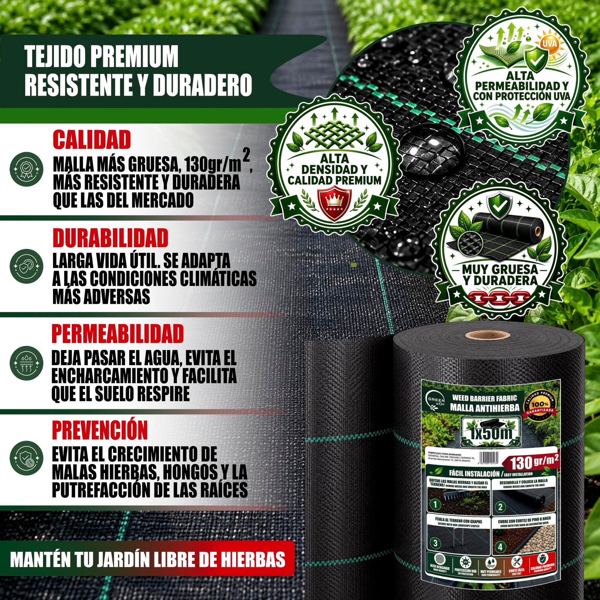 GREEN GOF Malla Antihierbas Premium 1x50m, 130g/m² - Ultra Resistente. Alta Estabilización Uv, Permeable Y Transpirable_1