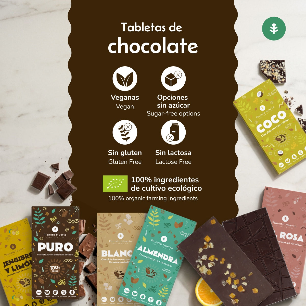 Barra de chocolate negro 75% sem adição de açúcares ECO Planeta Huerto 70 g