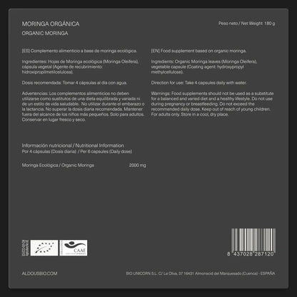 Etiquetado Moringa Bio 2000 mg 300 Cápsulas Aldous Bio