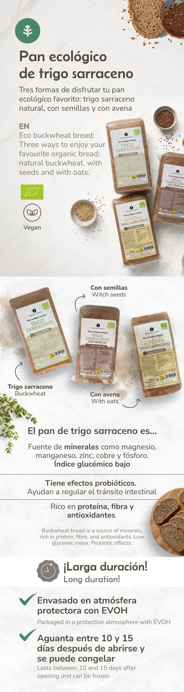 Pan integral proteico de trigo sarraceno con semillas ECO Planeta Huerto 500 g