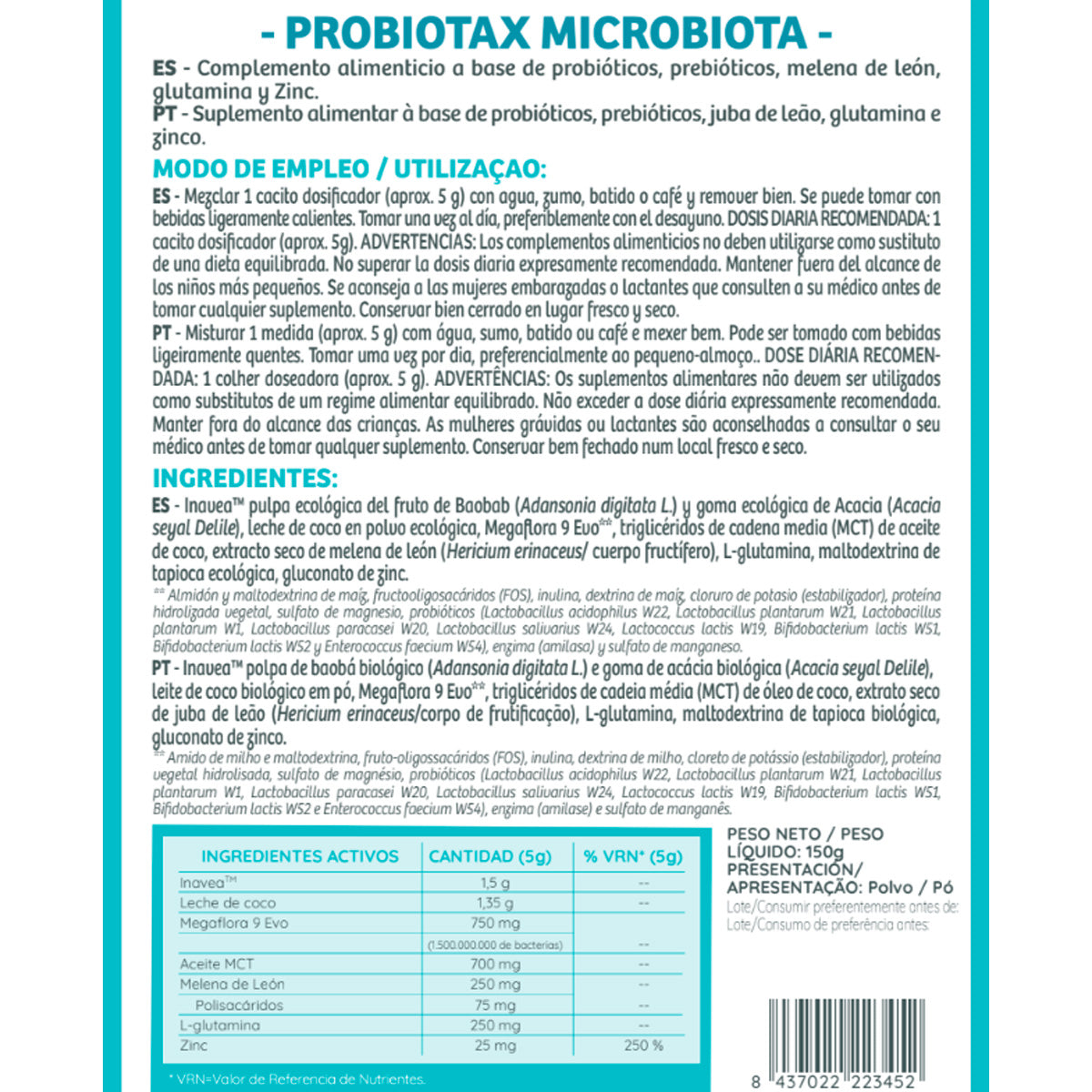 Probiotax Microbiota com probióticos e prebióticos WeBotanix 150 g